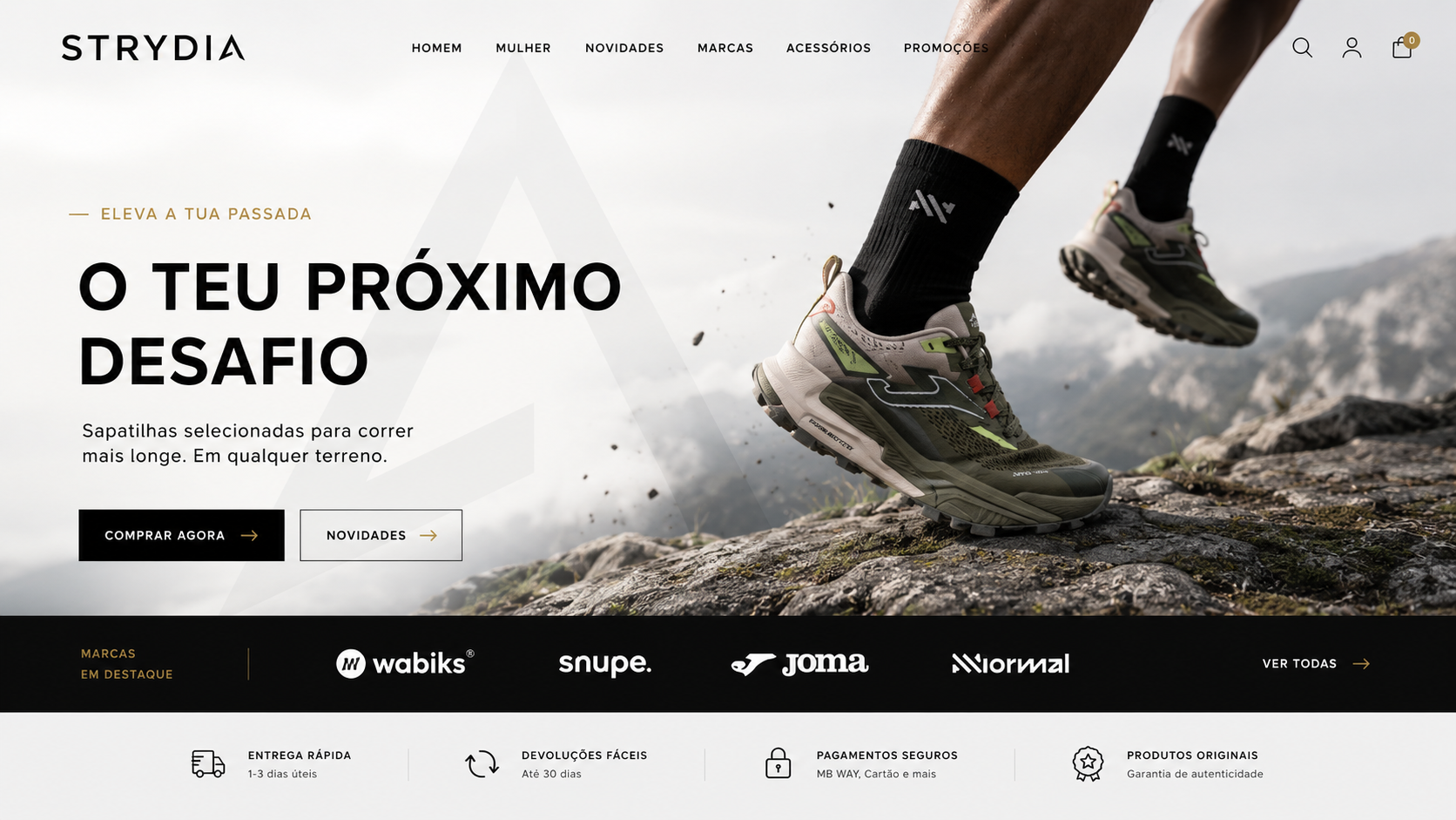 Homepage da loja online Strydia, dedicada a sapatilhas